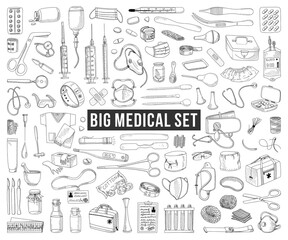 LARGE SET OF ISOLATED MEDICAL ITEMS ON A WHITE BACKGROUND