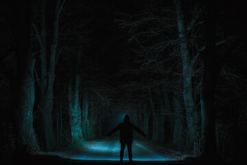 A deserted path with a standing figure in the middle between dense trees on the sides at night illuminated by lights to the center.