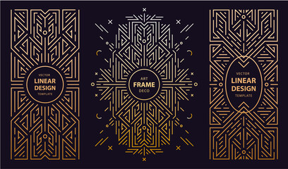 Vector set of art deco frames, adges, abstract geometric design templates for luxury products. Linear ornament compositions, vintage. Use for packaging, branding, decoration
