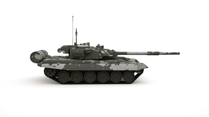 Military vehicle, camouflage tank. Isolated graphic design element on a white background, tank with a muzzle and tracks. Side view.