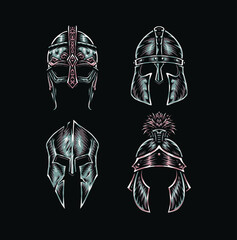 Obraz premium Set of warrior helmets, hand drawn line style with digital color, vector illustration