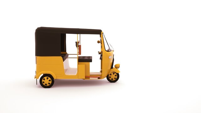Rickshaw car for transporting people, 3d element isolated on white background. High-speed car for transporting people in India.