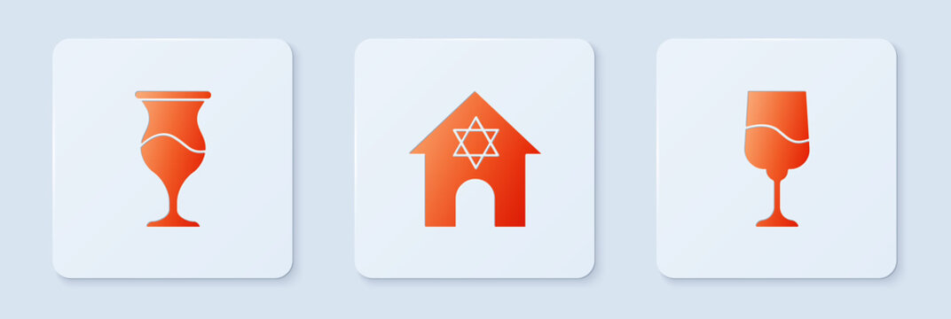 Set Jewish synagogue, goblet and . White square button. Vector.