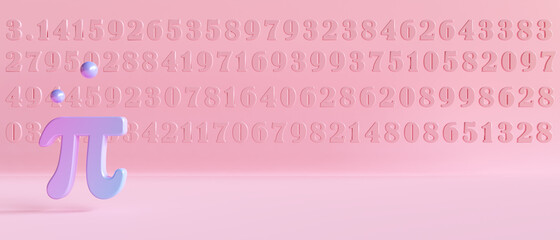 Gradient Pi symbol and value number on pink background. 3d render illustration. Mathematical and Science education concept.