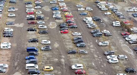 Outdoor unpaved parking lot, panoramic top view