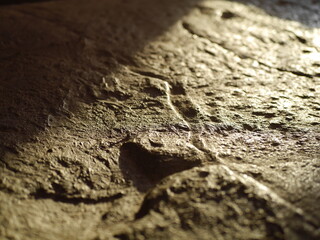 The detailed texture of the stone wall has light across.
