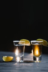 Tequila shot with lime . Selective focus