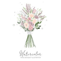 watercolor hand bouquet floral arrangement with ribbon