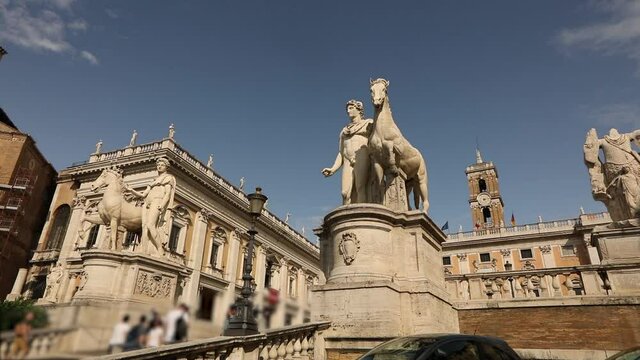 Antique figures in front of the palace of senators Rome Italy. Figures of the Tiber and the Nile.