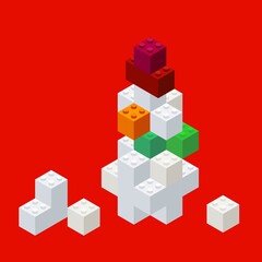 Isometric snowman assembled from a children's construction set. Volumetric toy. Background for the holiday Christmas. Vector illustration for print