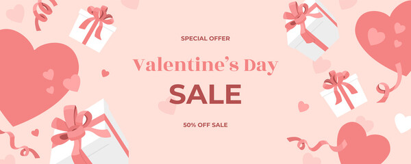 Valentines Day sale web banner, falling gift boxes with holiday ribbons, confetti and bows, hearts shapes on pink background, cute love invitation card template. Hand drawn vector flat illustration