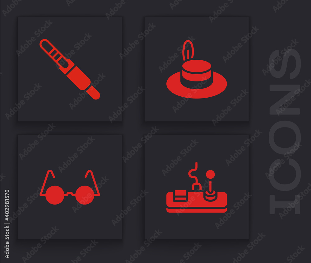 Sticker set gamepad, audio jack, man hat and eyeglasses icon. vector.