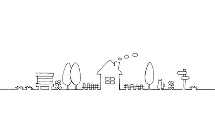 田舎の風景の手描き線画イラスト
