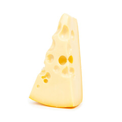 Triangular piece of cheese with holes isolated on white background.