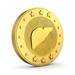 Liver shape engraved on gold coin isolated on a white background. 3d illustration. 3d rendering.