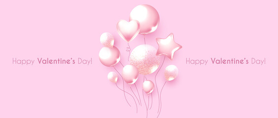 Happy Valentine's Day background with pink foliage balloons. Cute birthday invitation
