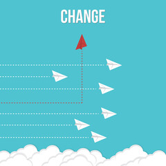 Think differently. Red airplane changing direction. New idea, change, trend, courage, creative solution, innovation and unique way concept.	

