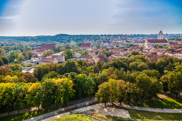 Aerial view of the beautiful green Old town in Vilnius