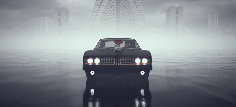 Black Powerful Sci-Fi Devil Car Driving Fast over Wet Surface With Abandoned Brutalist Architecture Buildings in the Distance 3d illustration render
