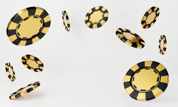 3D rendering of casino chips falling on white background.