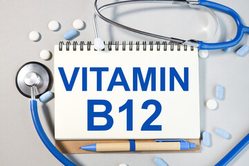 vitamin b12, TEXT on white gray background on white notepad paper. medicine concept.