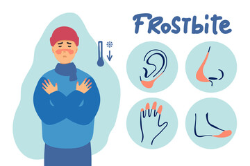 man froze. Frostbite concept banner. Cartoon illustration of frostbite vector concept banner. the man is cold and the man is warmly dressed. flat design. for infographic.