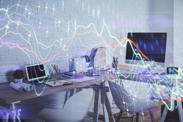 Multi exposure of stock market chart drawing and office interior background. Concept of financial analysis.