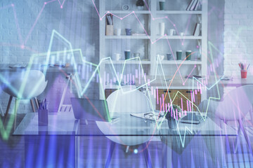 Double exposure of financial graph drawing and office interior background. Concept of stock market.