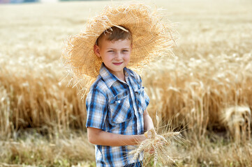 The child is resting in nature. Portrait of a boy in a straw hat by a field with wheat. Lifestyle. Happy childhood.