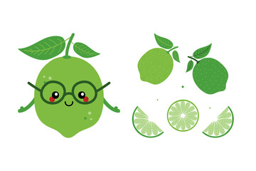 Cute smiling lime character with set, collection of sliced limes for food design.
