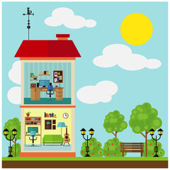 Obraz na płótnie Canvas Cute two-story house with rooms and a street around. Vector illustration on the theme of interior and exterior.