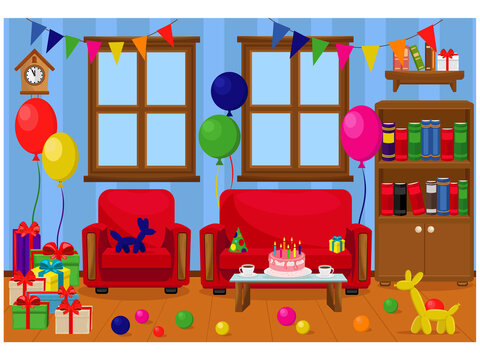 A room decorated for a birthday party. Vector illustration of the interior.