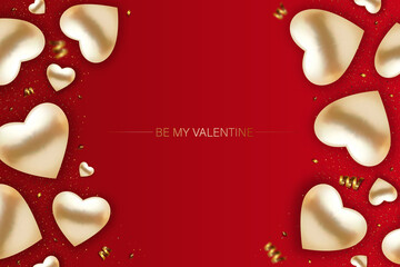Be my Valentine. Gold 3d hearts on red background.