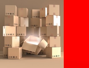 podium for online product sales. boxes background from shopping. 3d render.