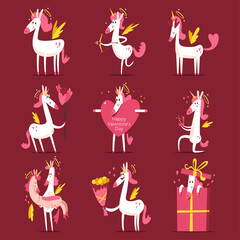 Happy Valentines day vector cartoon illustration with cute unicorn cupid with halo and angel wings.