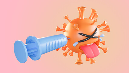 Crying cute orange colona virus character being injected with syringe on pastel background.,vaccine covid-19.,3d model and illustration.