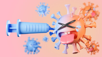 Crying cute orange and blue colona virus character being injected with syringe on pastel background.,vaccine covid-19.,3d model and illustration.