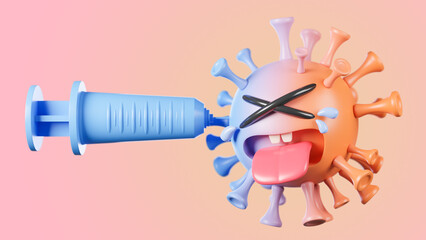 Crying cute orange and blue colona virus character being injected with syringe on pastel background.,vaccine covid-19.,3d model and illustration.