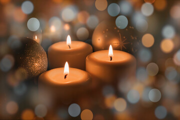 White Christmas candles are burning, green fir branches are lying next to them, Christmas toys, festive highlights of garlands and the flame of three candles give a sense of celebration.
