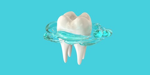 3d render realistic teeth. clean white teeth with mouth rinse