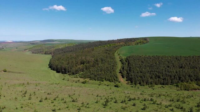 Aerial view of the landscapes of Ternopil region, highway m12, Ukraine