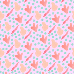 Watercolor abstract seamless pattern with delicate color on pink background.Children's print with shapes of pastel colors hand painted.Designs for wallpaper,textiles,social media,web,wrapping paper.