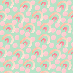 Watercolor abstract seamless pattern with delicate color on green background.Children's print with shapes of pastel colors hand painted.Designs for wallpaper,textiles,social media,web,wrapping paper.
