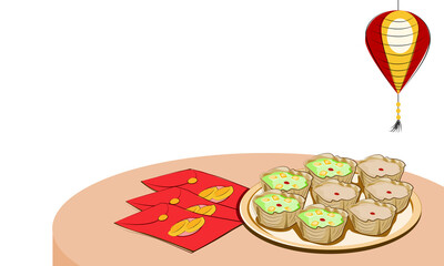a set of Nian Gao of Chinese new year's cake, red envelope and red lantern on white background. Vector illustration. 