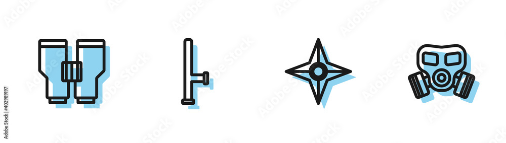 Sticker Set line Japanese ninja shuriken, Binoculars, Police rubber baton and Gas mask icon. Vector.