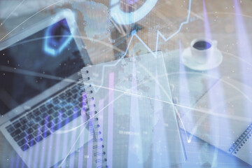 Double exposure of businesswoman hands typing on computer and forex chart hologram drawing. Financial analysis concept.