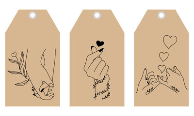Set of hand pose heart gesture. Valentine's day card design. Fashion hang tag. Love minimal symbol.