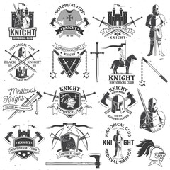Set of knight historical club badge design Vector Concept for shirt, print, stamp, overlay or template. Vintage typography design with knight, knight on a horse, swords, axe, castle silhouette