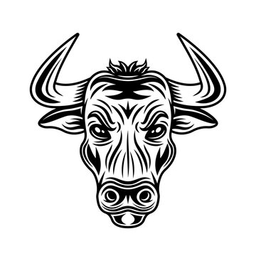 Bull head vector monochrome illustration in vintage style isolated on white background