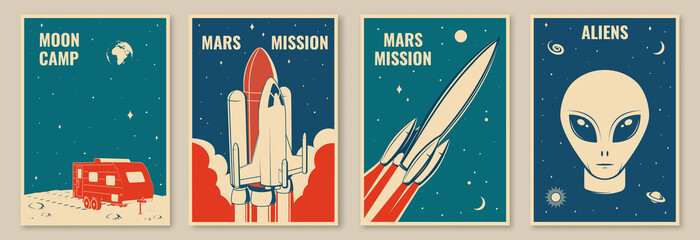 Space mission posters, banners, flyers. Vector illustration Concept for shirt, print, stamp. Vintage typography design with space rocket, alien and camper silhouette.